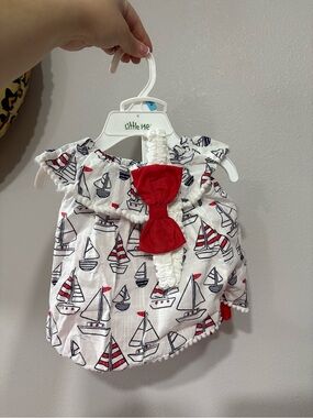 Little Me White Navy and Red Sailboat Print Short Sleeve Top